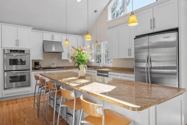 kitchen featuring white cabinets, light wood finished floors, under cabinet range hood, and stainless steel appliances