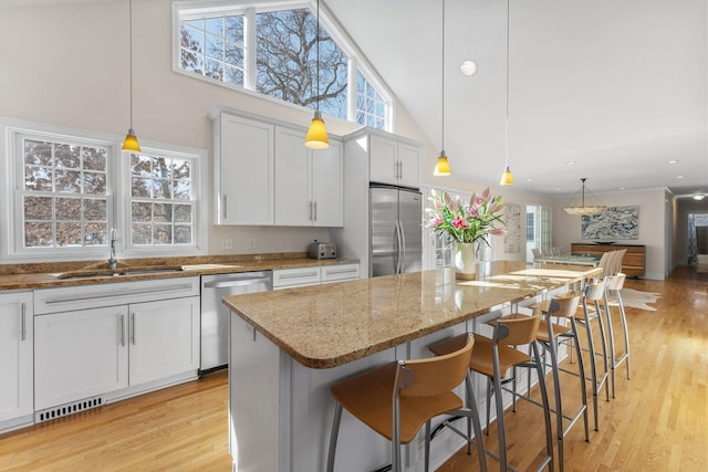 kitchen with a sink, light wood-style flooring, light stone countertops, and stainless steel appliances