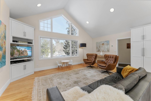 living room featuring recessed lighting, baseboards, light wood-style floors, and high vaulted ceiling