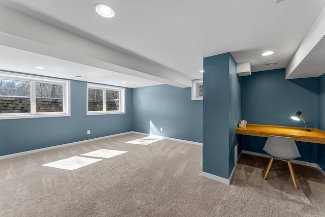 interior space with recessed lighting, carpet, and baseboards