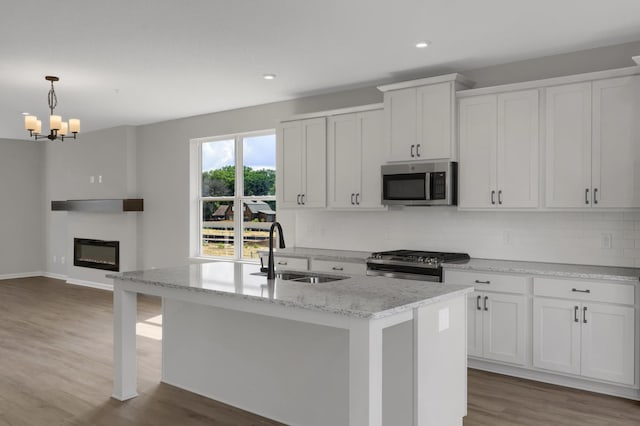 kitchen featuring a kitchen island with sink, a sink, a glass covered fireplace, wood finished floors, and stainless steel appliances