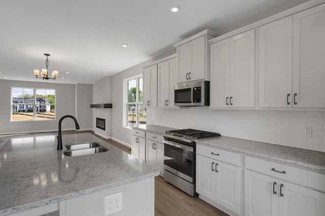 kitchen featuring a wealth of natural light, a glass covered fireplace, appliances with stainless steel finishes, and a sink