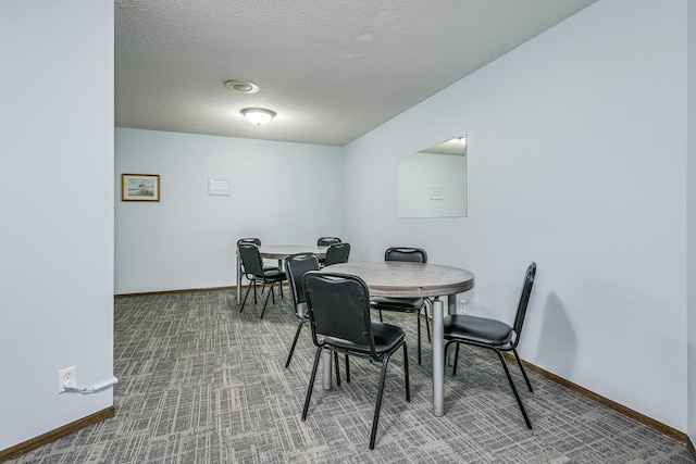 carpeted dining space featuring baseboards and a textured ceiling