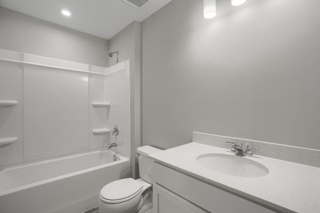 bathroom featuring visible vents, tub / shower combination, vanity, and toilet