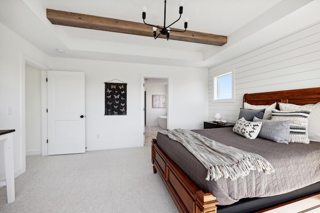 bedroom featuring baseboards, a notable chandelier, beamed ceiling, carpet flooring, and connected bathroom