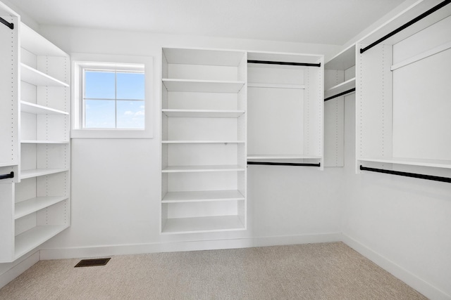 spacious closet featuring visible vents, a barn door, and carpet floors