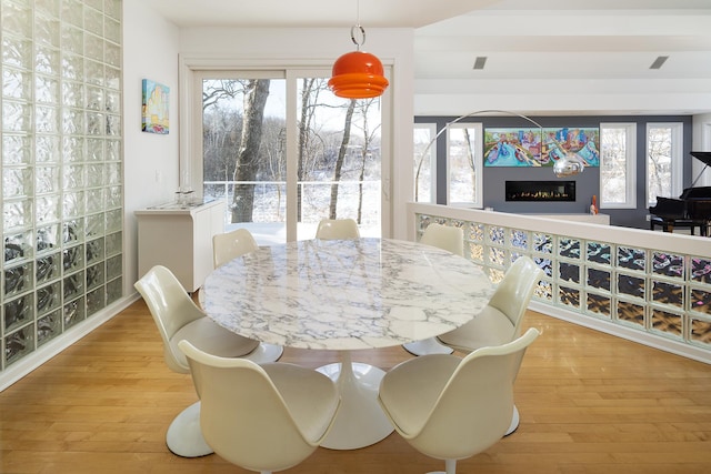 dining space featuring a glass covered fireplace, plenty of natural light, and wood finished floors