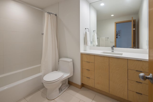 full bathroom with tile patterned flooring, shower / bathtub combination with curtain, toilet, and vanity