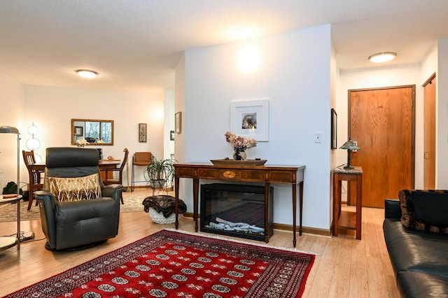 living room featuring wood-type flooring, baseboards, and a glass covered fireplace