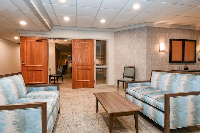 interior space with carpet floors, crown molding, and recessed lighting