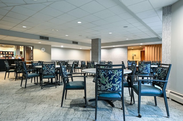 carpeted dining room with visible vents and recessed lighting