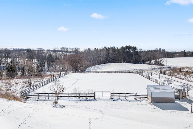 yard covered in snow featuring a rural view