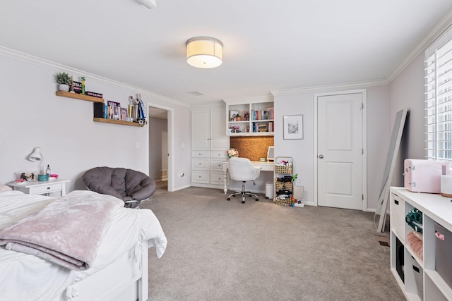 bedroom featuring light carpet, baseboards, and ornamental molding