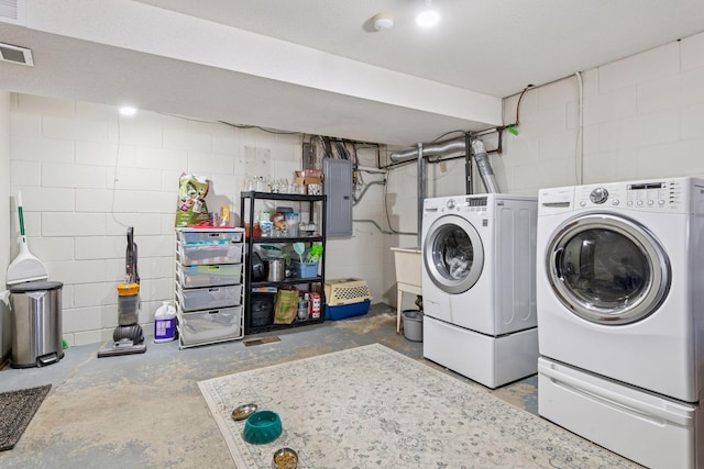 laundry area featuring washer and dryer, laundry area, electric panel, and visible vents