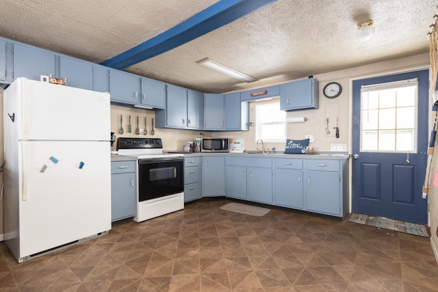 24932 Wall Lake Point Cir, Fergus Falls, MN 56537 - kitchen with electric range, stainless steel microwave, freestanding refrigerator, blue cabinetry, and a sink