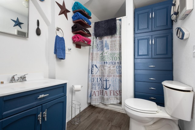24932 Wall Lake Point Cir, Fergus Falls, MN 56537 - full bathroom featuring toilet, vanity, a shower with shower curtain, and wood finished floors