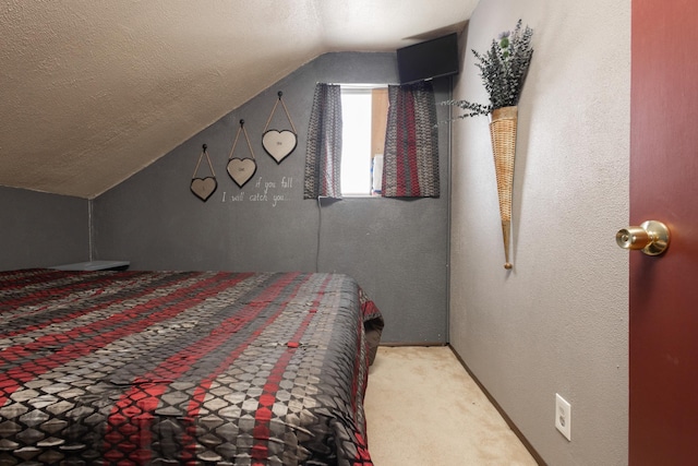 24932 Wall Lake Point Cir, Fergus Falls, MN 56537 - bedroom featuring vaulted ceiling, a textured ceiling, and light colored carpet