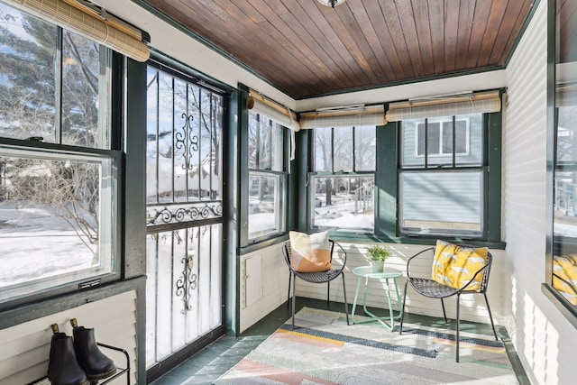 sunroom with wooden ceiling