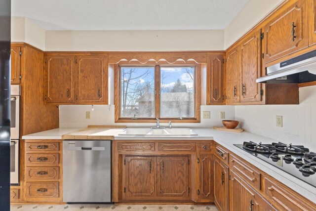 kitchen featuring under cabinet range hood, appliances with stainless steel finishes, light countertops, and a sink