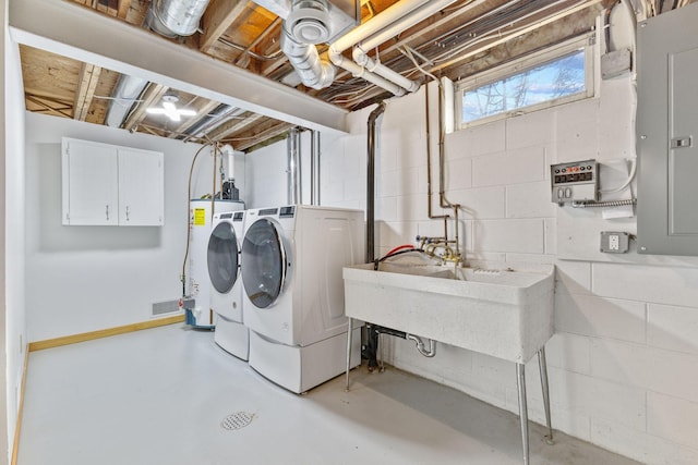 washroom featuring washer and dryer, laundry area, electric panel, and a sink