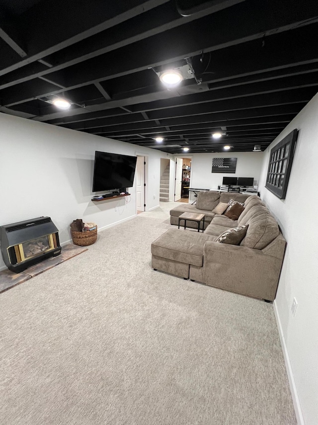 502 19th St N, Benson, MN 56215 - living area featuring carpet floors, baseboards, and stairway