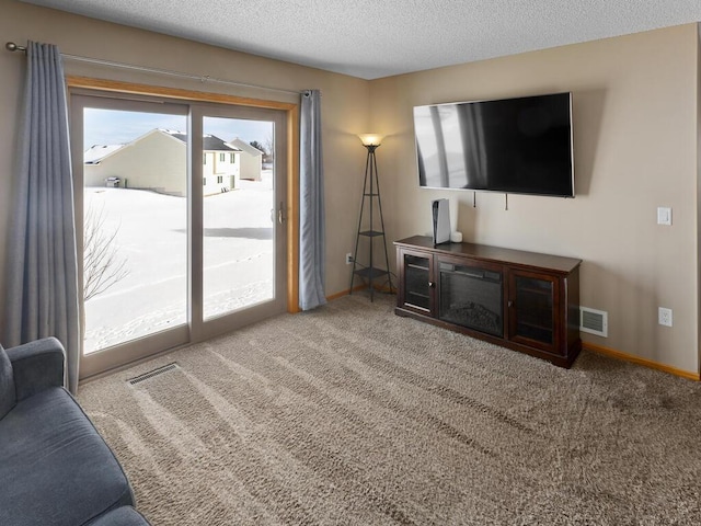 living area with carpet, visible vents, a textured ceiling, and baseboards