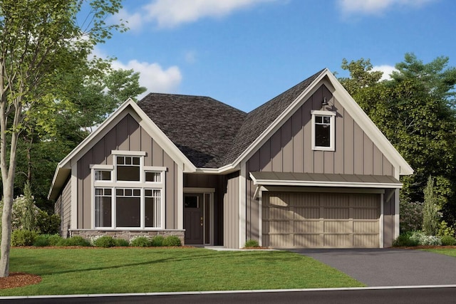 view of front of home with aphalt driveway, roof with shingles, board and batten siding, a garage, and a front lawn