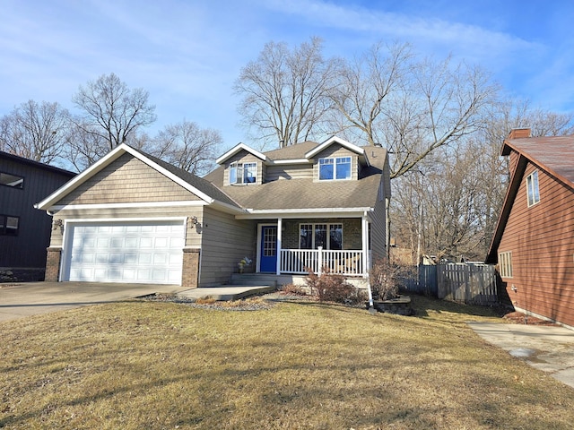 view of front of home with a front lawn, fence, a porch, concrete driveway, and an attached garage