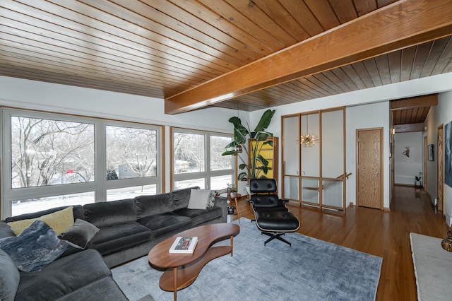 living room featuring wood ceiling, wood finished floors, and beam ceiling