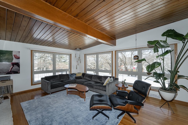 living area with lofted ceiling with beams, wood ceiling, baseboards, and wood finished floors