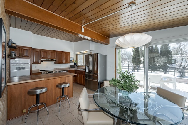 kitchen with light tile patterned floors, under cabinet range hood, a peninsula, a healthy amount of sunlight, and appliances with stainless steel finishes