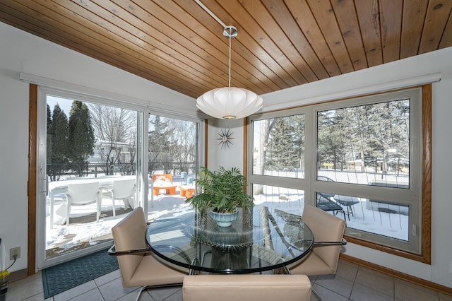 sunroom / solarium with lofted ceiling, plenty of natural light, and wooden ceiling