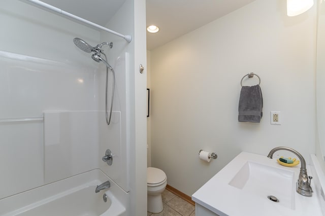 full bathroom with shower / bath combination, vanity, toilet, and tile patterned floors