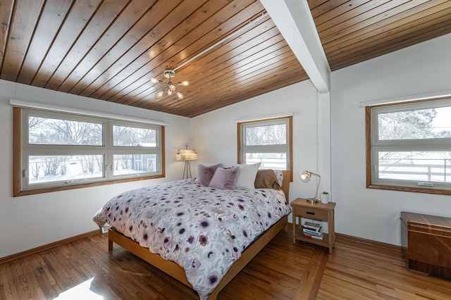 bedroom featuring vaulted ceiling, wooden ceiling, wood finished floors, and baseboards