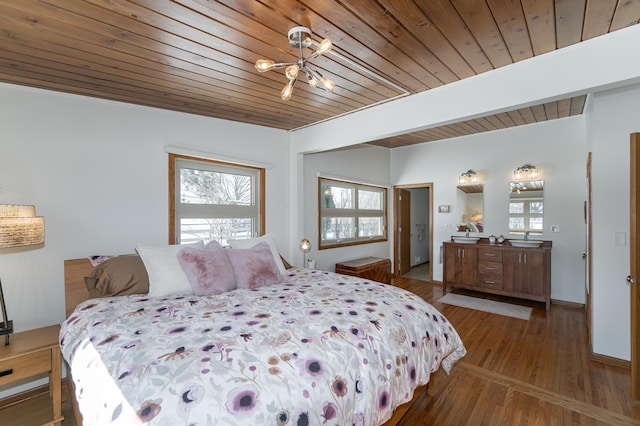 bedroom featuring wood ceiling, multiple windows, and wood finished floors