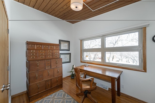 office area featuring wood ceiling, wood finished floors, visible vents, and baseboards