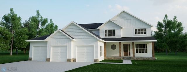 view of front of home with a garage, driveway, a front lawn, and stone siding