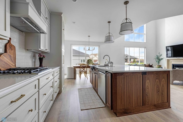 3254 Timber Creek Cir S, Fargo, ND 58104 - kitchen featuring custom exhaust hood, light wood-style flooring, light countertops, tasteful backsplash, and recessed lighting
