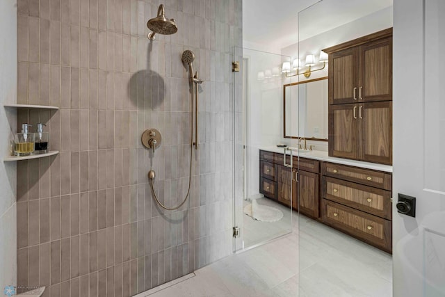 3254 Timber Creek Cir S, Fargo, ND 58104 - full bathroom with a tile shower, vanity, and tile patterned floors