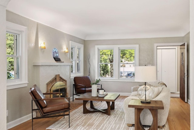 living area featuring a warm lit fireplace, light wood finished floors, and baseboards