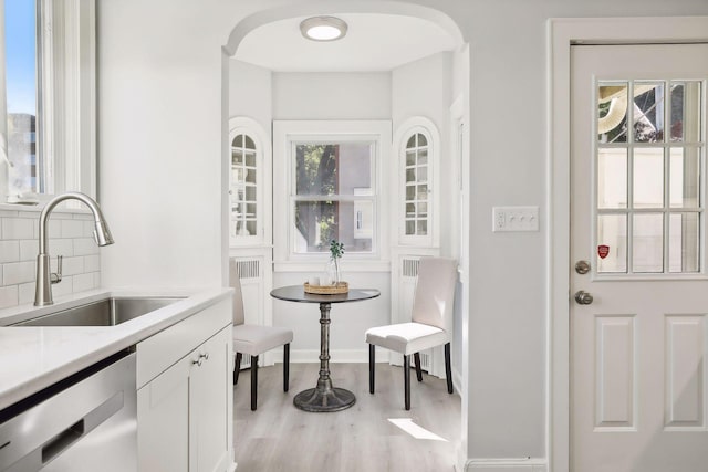 kitchen featuring dishwashing machine, a sink, a healthy amount of sunlight, white cabinets, and tasteful backsplash