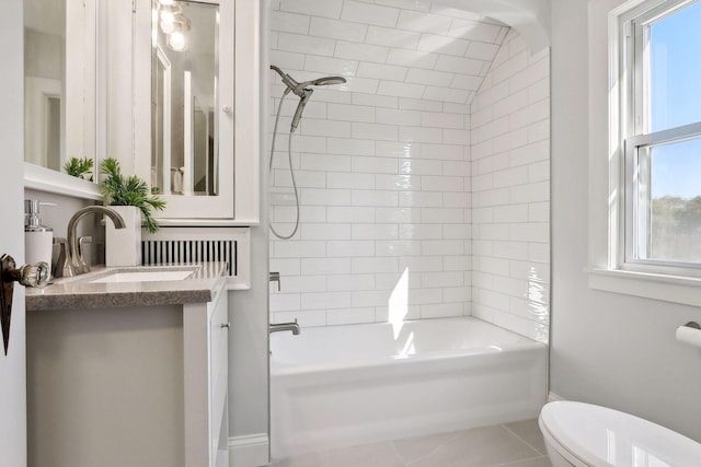 full bathroom featuring shower / bath combination, tile patterned flooring, toilet, and vanity