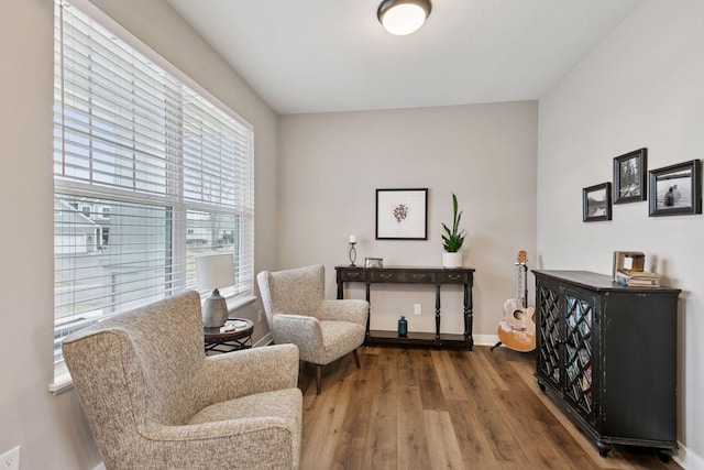 living area featuring baseboards, plenty of natural light, and wood finished floors