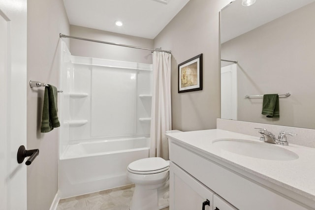 bathroom with toilet, recessed lighting, vanity, and shower / bath combination with curtain