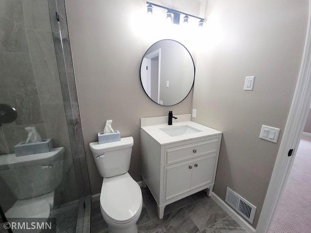 bathroom with toilet, marble finish floor, visible vents, and vanity