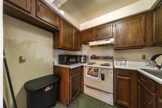 kitchen with white electric stove, black microwave, under cabinet range hood, a sink, and light countertops