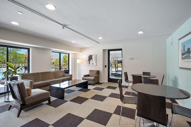 living area featuring baseboards, a textured ceiling, and recessed lighting