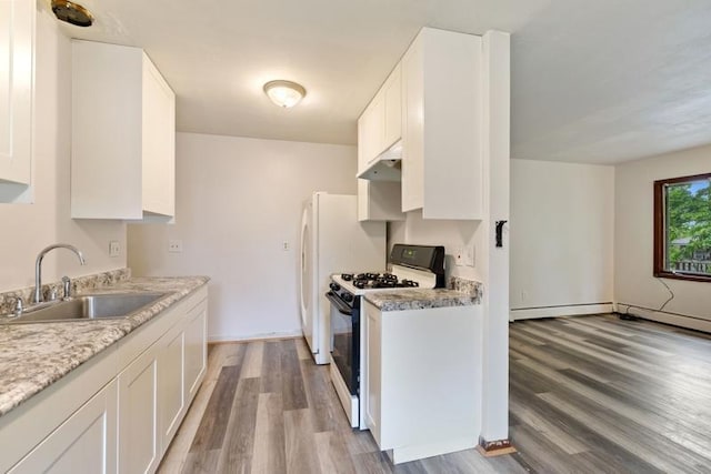 1022-1024 34th Ave N, Minneapolis, MN 55412 - kitchen with black range with gas cooktop, a sink, light wood-style floors, and white cabinets