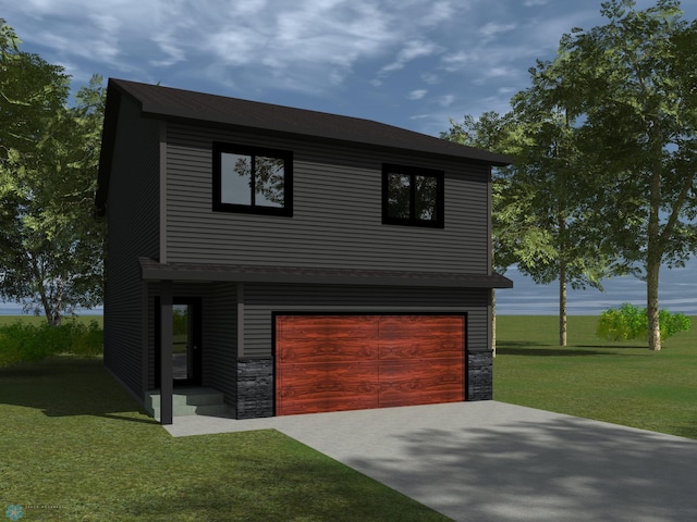 view of front facade featuring stone siding, an attached garage, driveway, and a front yard