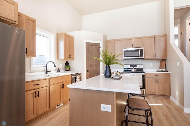 kitchen featuring a kitchen island, light countertops, appliances with stainless steel finishes, a kitchen breakfast bar, and a sink